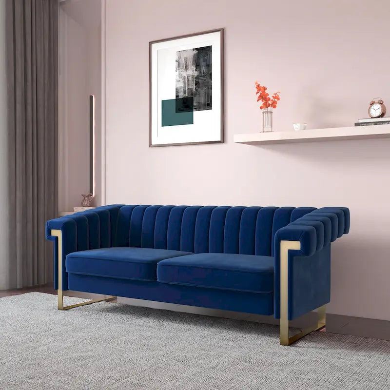 Divano Chesterfield in velluto trapuntato Beige/Blu/Nero/Verde con gambe dorate, 3 posti