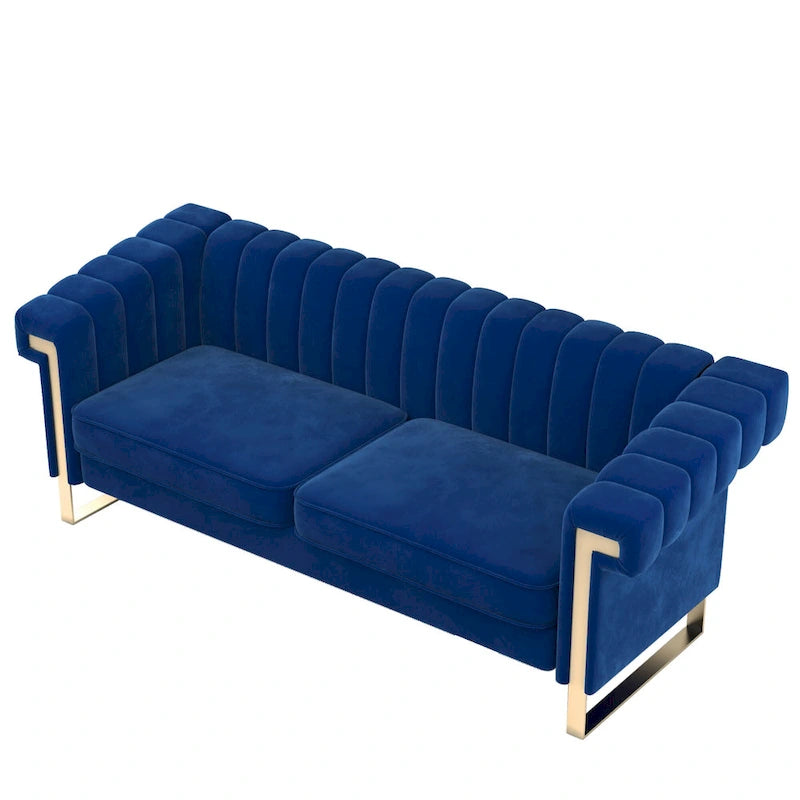 Divano Chesterfield in velluto trapuntato Beige/Blu/Nero/Verde con gambe dorate, 3 posti