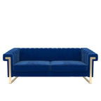Divano Chesterfield in velluto trapuntato Beige/Blu/Nero/Verde con gambe dorate, 3 posti