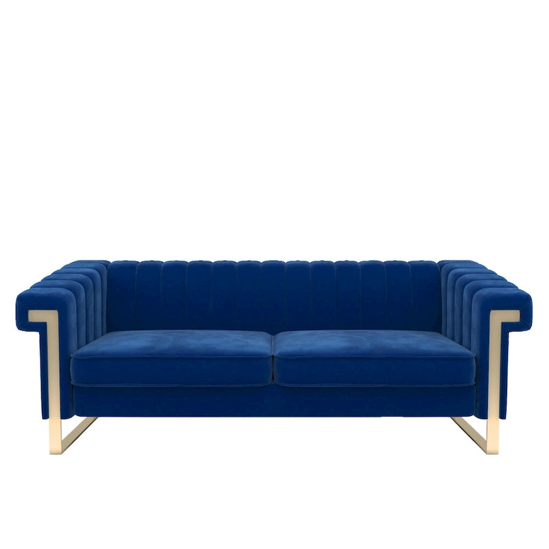 Divano Chesterfield in velluto trapuntato Beige/Blu/Nero/Verde con gambe dorate, 3 posti