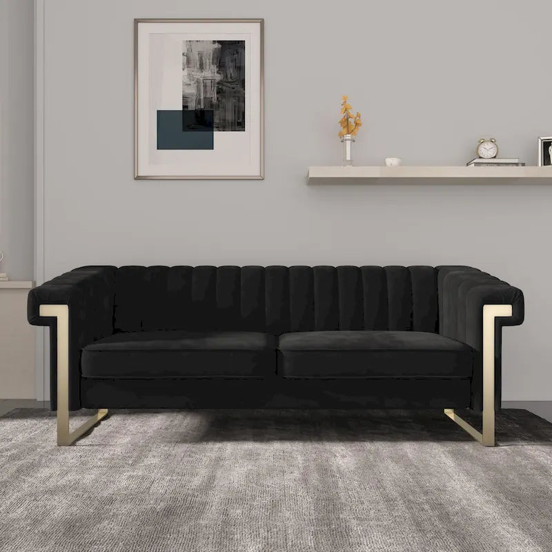 Divano Chesterfield in velluto trapuntato Beige/Blu/Nero/Verde con gambe dorate, 3 posti