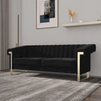 Divano Chesterfield in velluto trapuntato Beige/Blu/Nero/Verde con gambe dorate, 3 posti