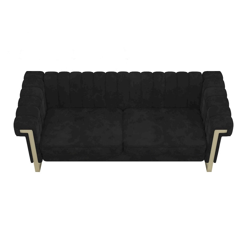 Divano Chesterfield in velluto trapuntato Beige/Blu/Nero/Verde con gambe dorate, 3 posti