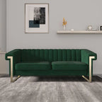 Divano Chesterfield in velluto trapuntato Beige/Blu/Nero/Verde con gambe dorate, 3 posti