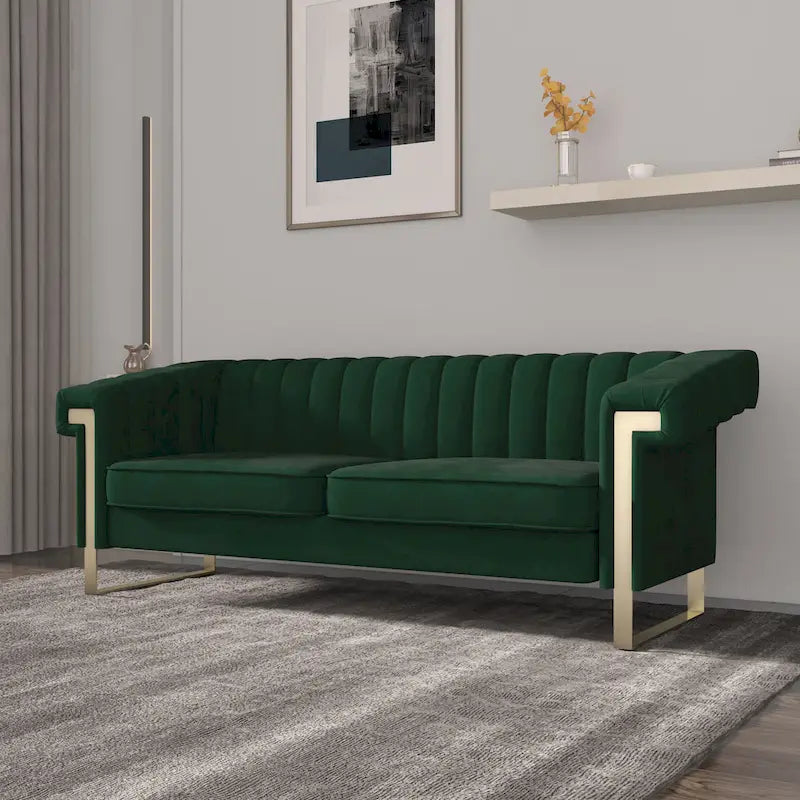 Divano Chesterfield in velluto trapuntato Beige/Blu/Nero/Verde con gambe dorate, 3 posti