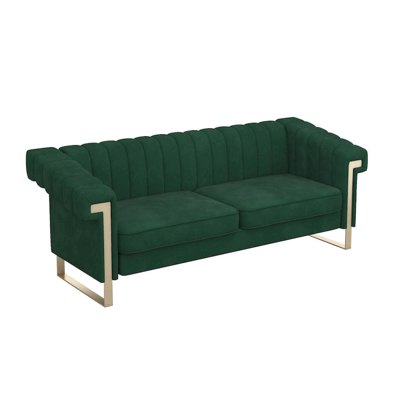Divano Chesterfield in velluto trapuntato Beige/Blu/Nero/Verde con gambe dorate, 3 posti