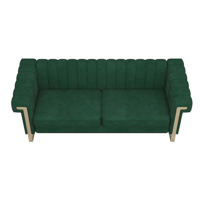 Divano Chesterfield in velluto trapuntato Beige/Blu/Nero/Verde con gambe dorate, 3 posti