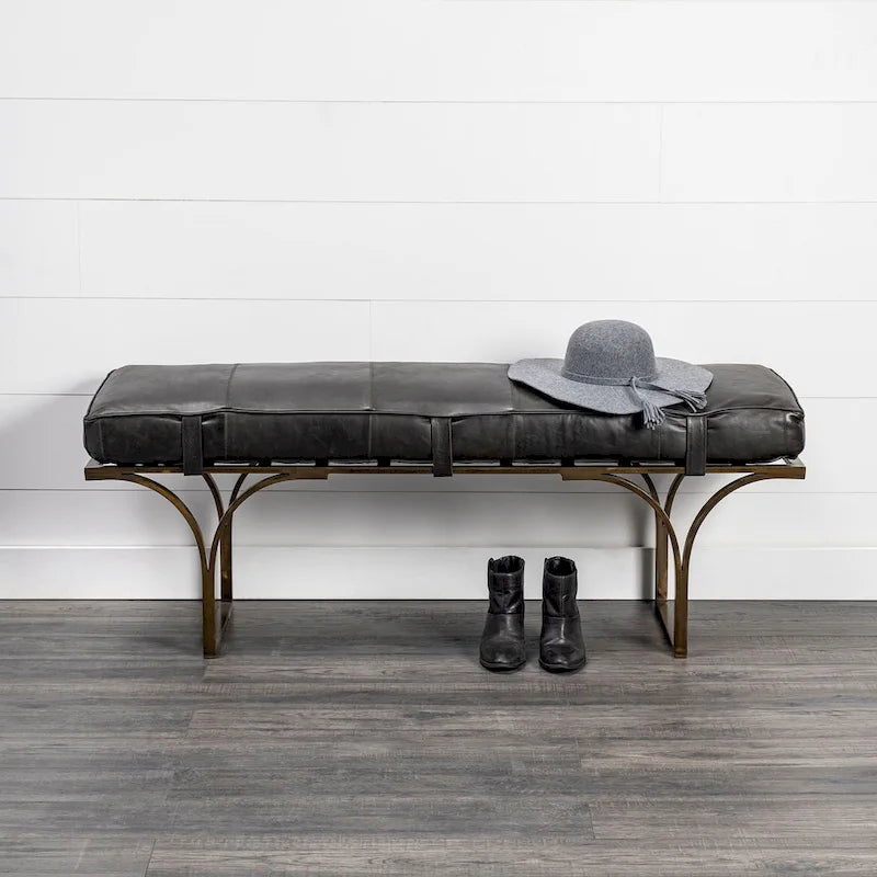 Panca con accenti in pelle marrone e metallo nero, 1 persona