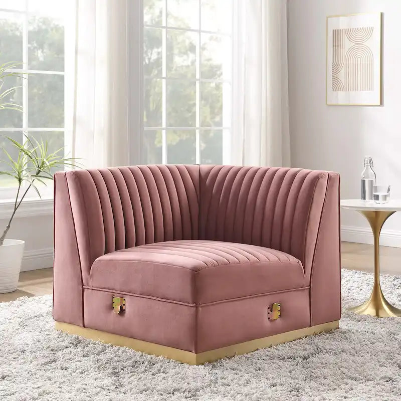 Divano modulare in velluto trapuntato a canali, grigio/rosa cipria/blu navy, con bracciolo a destra – 1 posto