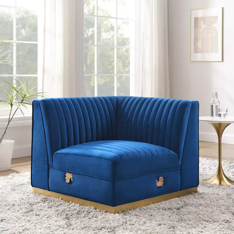 Divano modulare in velluto trapuntato a canali, grigio/rosa cipria/blu navy, con bracciolo a destra – 1 posto