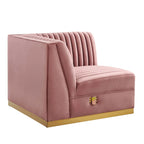Divano modulare in velluto trapuntato a canali, grigio/rosa cipria/blu navy, con bracciolo a destra – 1 posto