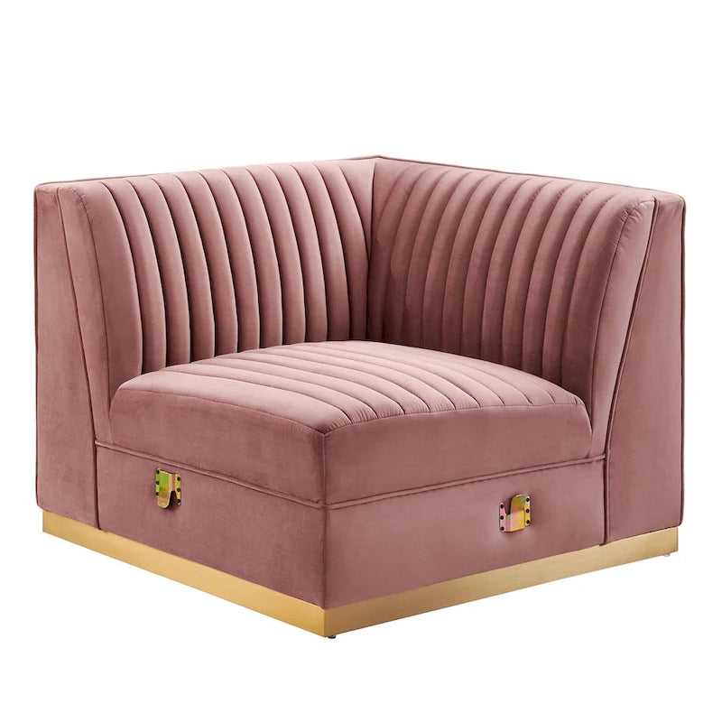 Divano modulare in velluto trapuntato a canali, grigio/rosa cipria/blu navy, con bracciolo a destra – 1 posto