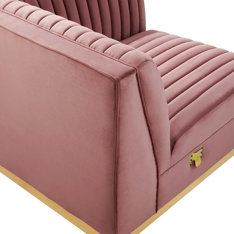 Divano modulare in velluto trapuntato a canali, grigio/rosa cipria/blu navy, con bracciolo a destra – 1 posto