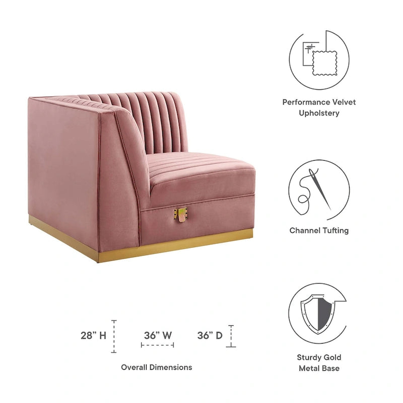 Divano modulare in velluto trapuntato a canali, grigio/rosa cipria/blu navy, con bracciolo a destra – 1 posto