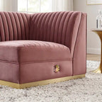 Divano modulare in velluto trapuntato a canali, grigio/rosa cipria/blu navy, con bracciolo a destra – 1 posto