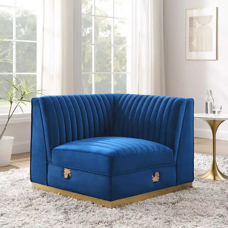 Divano modulare in velluto trapuntato a canali, grigio/rosa cipria/blu navy, con bracciolo a destra – 1 posto