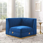 Divano modulare in velluto trapuntato a canali, grigio/rosa cipria/blu navy, con bracciolo a destra – 1 posto
