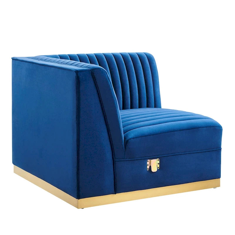 Divano modulare in velluto trapuntato a canali, grigio/rosa cipria/blu navy, con bracciolo a destra – 1 posto