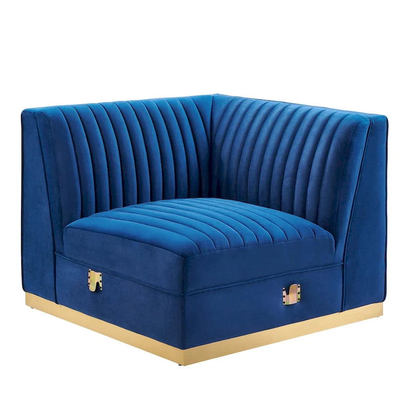 Divano modulare in velluto trapuntato a canali, grigio/rosa cipria/blu navy, con bracciolo a destra – 1 posto