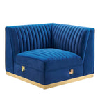 Divano modulare in velluto trapuntato a canali, grigio/rosa cipria/blu navy, con bracciolo a destra – 1 posto