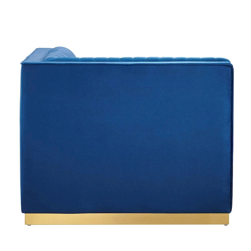 Divano modulare in velluto trapuntato a canali, grigio/rosa cipria/blu navy, con bracciolo a destra – 1 posto