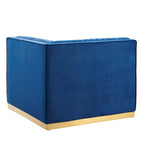 Divano modulare in velluto trapuntato a canali, grigio/rosa cipria/blu navy, con bracciolo a destra – 1 posto