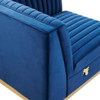 Divano modulare in velluto trapuntato a canali, grigio/rosa cipria/blu navy, con bracciolo a destra – 1 posto