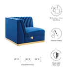 Divano modulare in velluto trapuntato a canali, grigio/rosa cipria/blu navy, con bracciolo a destra – 1 posto