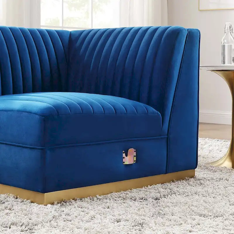 Divano modulare in velluto trapuntato a canali, grigio/rosa cipria/blu navy, con bracciolo a destra – 1 posto