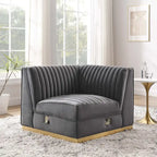 Divano modulare in velluto trapuntato a canali, grigio/rosa cipria/blu navy, con bracciolo a destra – 1 posto