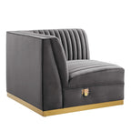 Divano modulare in velluto trapuntato a canali, grigio/rosa cipria/blu navy, con bracciolo a destra – 1 posto