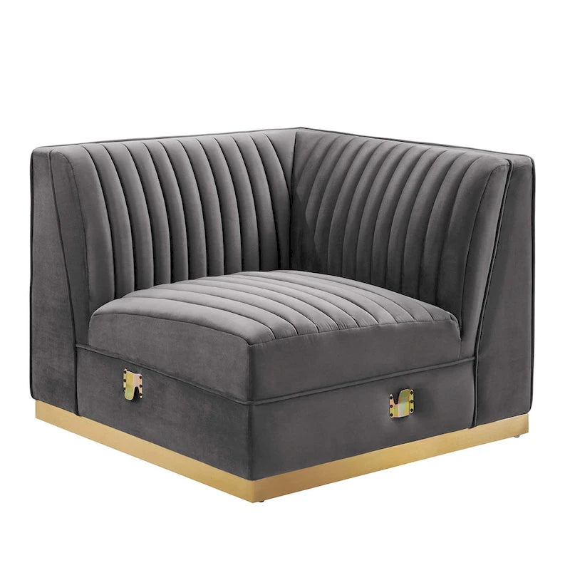 Divano modulare in velluto trapuntato a canali, grigio/rosa cipria/blu navy, con bracciolo a destra – 1 posto