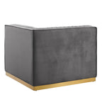 Divano modulare in velluto trapuntato a canali, grigio/rosa cipria/blu navy, con bracciolo a destra – 1 posto