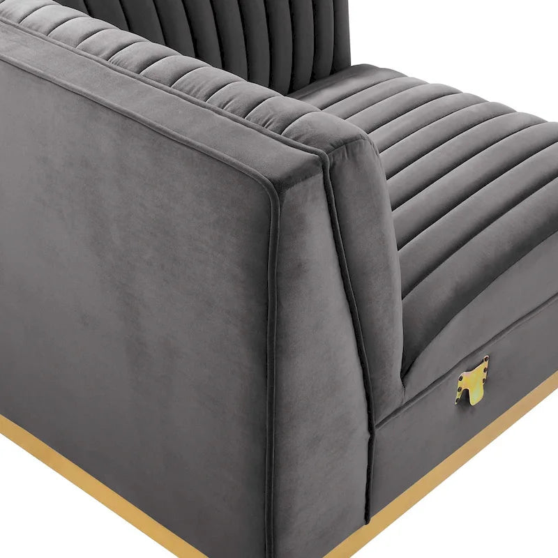 Divano modulare in velluto trapuntato a canali, grigio/rosa cipria/blu navy, con bracciolo a destra – 1 posto