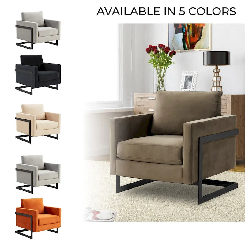 Poltrona d'accento in velluto grigio chiaro con gambe in acciaio nero, seduta singola