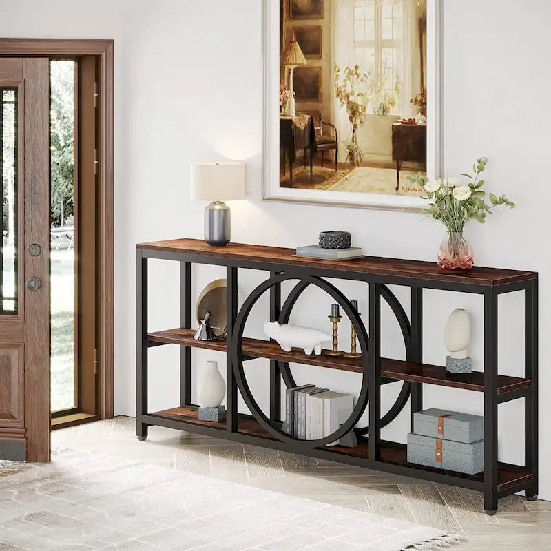 Tavolo consolle a 3 ripiani per divano, in stile industriale, grigio / marrone / noce / bianco, con 1-2 spazi a sedere