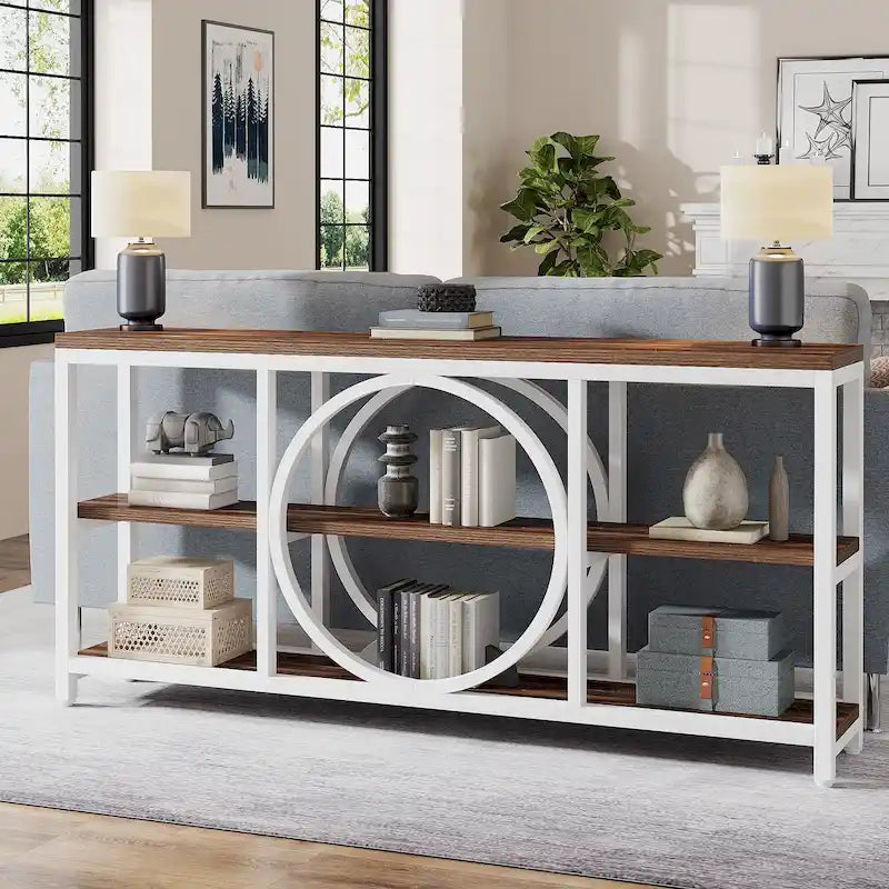Tavolo consolle a 3 ripiani per divano, in stile industriale, grigio / marrone / noce / bianco, con 1-2 spazi a sedere