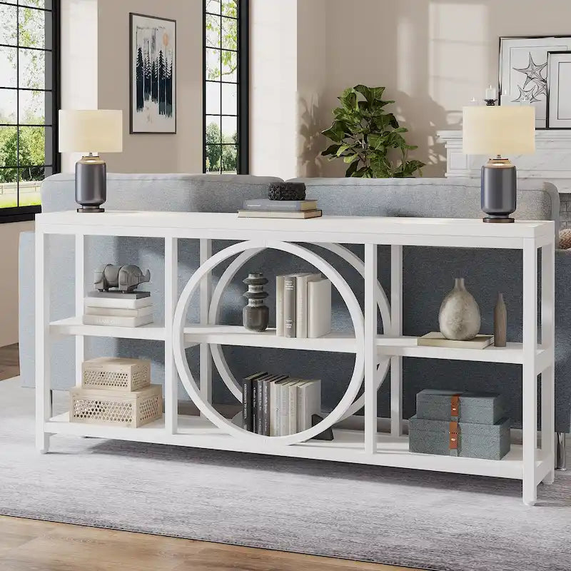 Tavolo consolle a 3 ripiani per divano, in stile industriale, grigio / marrone / noce / bianco, con 1-2 spazi a sedere