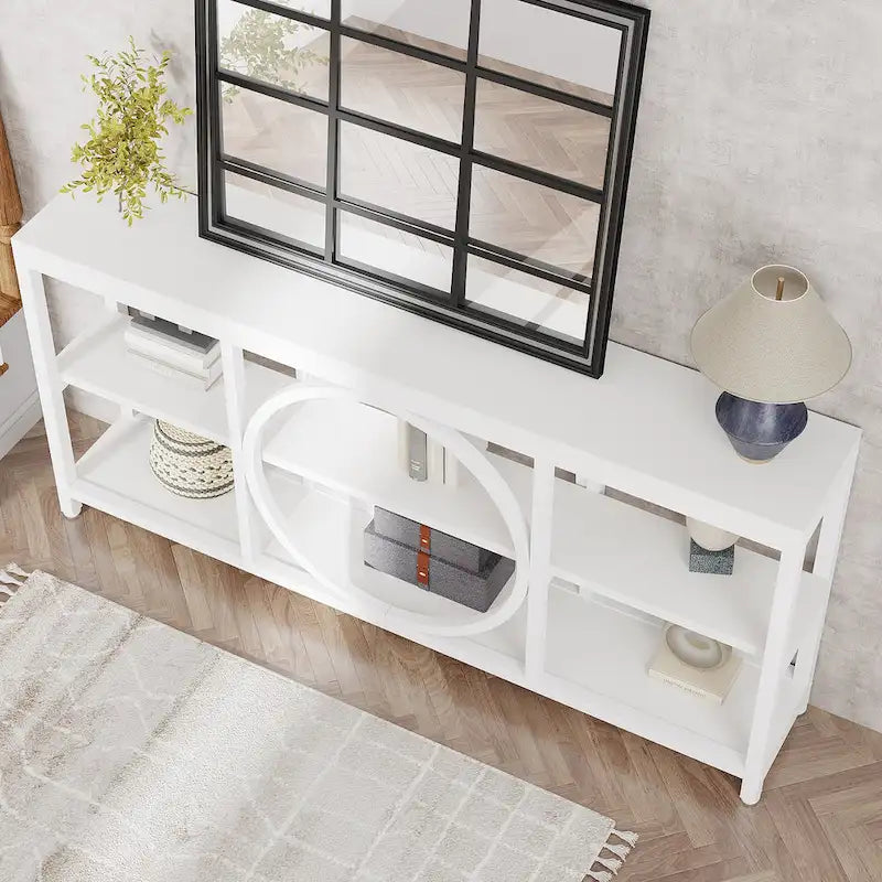 Tavolo consolle a 3 ripiani per divano, in stile industriale, grigio / marrone / noce / bianco, con 1-2 spazi a sedere