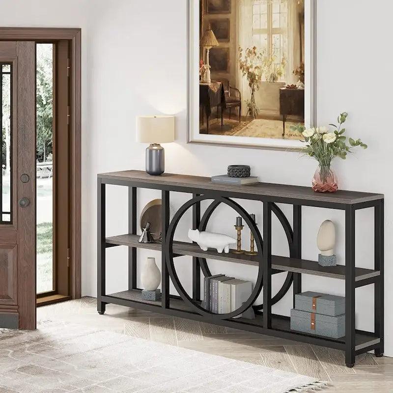 Tavolo consolle a 3 ripiani per divano, in stile industriale, grigio / marrone / noce / bianco, con 1-2 spazi a sedere