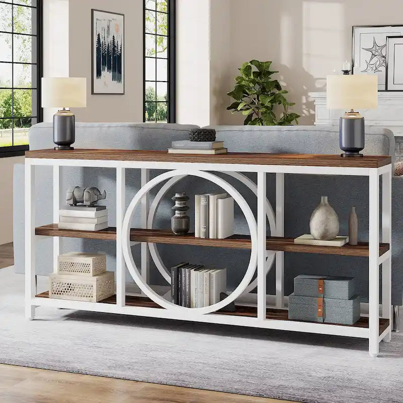 Tavolo consolle a 3 ripiani per divano, in stile industriale, grigio / marrone / noce / bianco, con 1-2 spazi a sedere