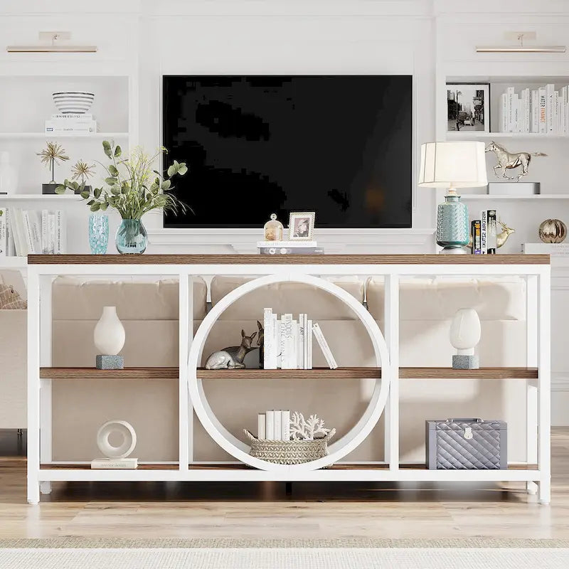 Tavolo consolle a 3 ripiani per divano, in stile industriale, grigio / marrone / noce / bianco, con 1-2 spazi a sedere
