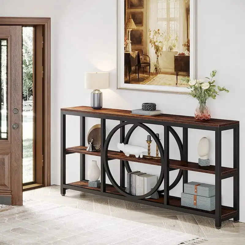 Tavolo consolle a 3 ripiani per divano, in stile industriale, grigio / marrone / noce / bianco, con 1-2 spazi a sedere