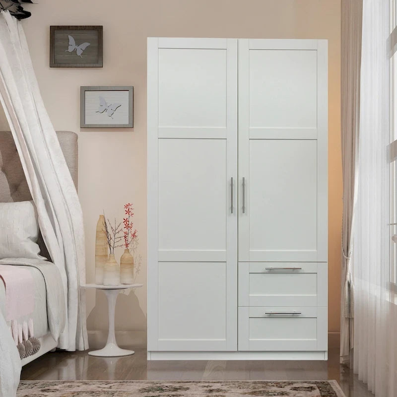 Armadio a 2 ante e 2 cassetti noce/bianco/rovere, 5 scomparti, per 1 persona