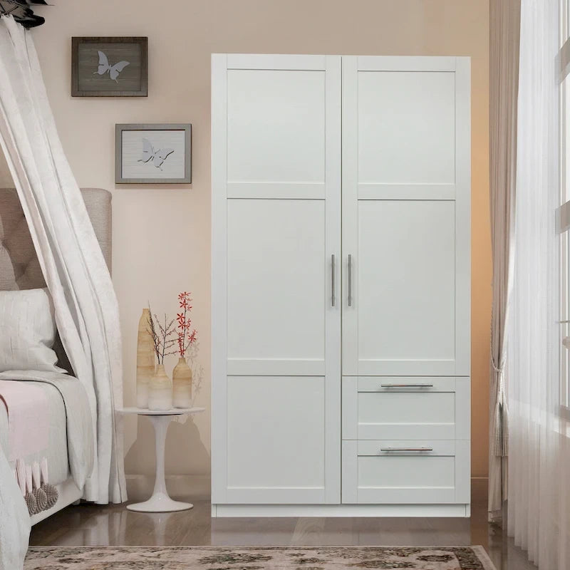 Armadio a 2 ante e 2 cassetti noce/bianco/rovere, 5 scomparti, per 1 persona