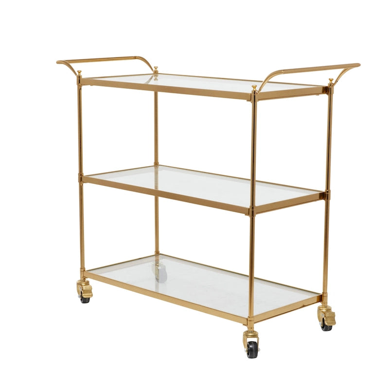 Carrello bar in metallo con 3 ripiani e ruote bloccabili, ottone, 14W x 38L x 31H