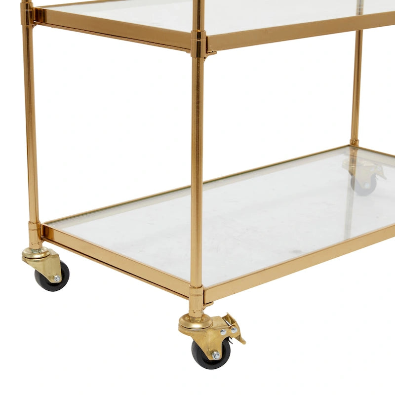 Metalen barwagen op wielen met 3 planken en vergrendelbare wielen, messing, 14W x 38L x 31H