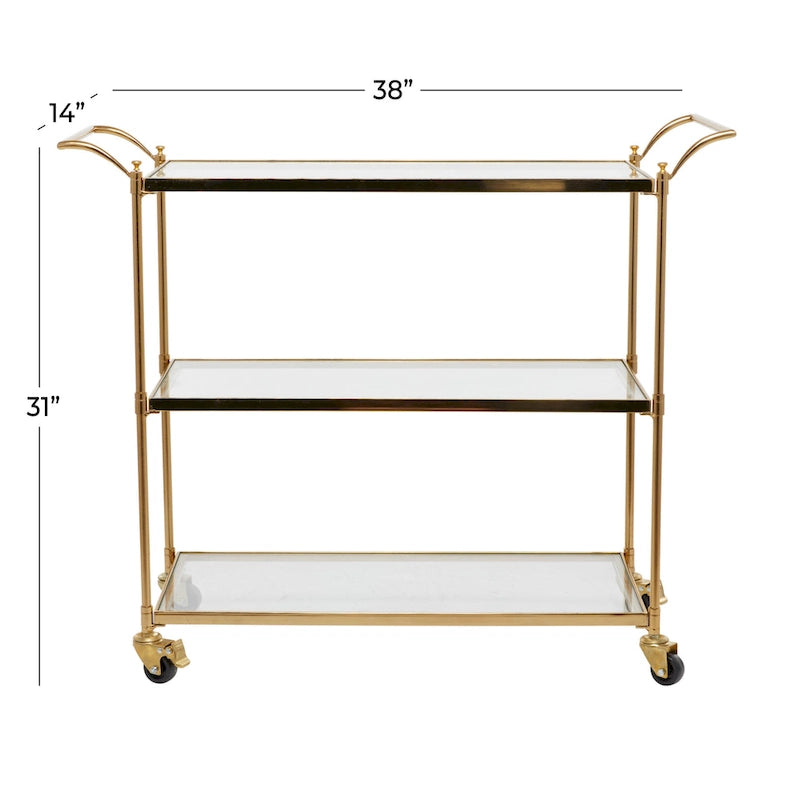 Metalen barwagen op wielen met 3 planken en vergrendelbare wielen, messing, 14W x 38L x 31H