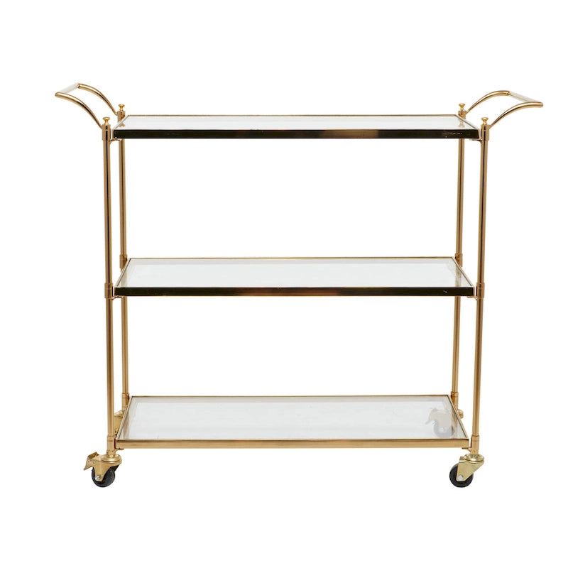 Metalen barwagen op wielen met 3 planken en vergrendelbare wielen, messing, 14W x 38L x 31H