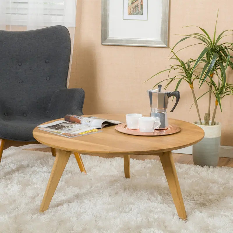 Tavolino da caffè rotondo in legno di acacia naturale, stile mid-century, adatto a 1 ambiente